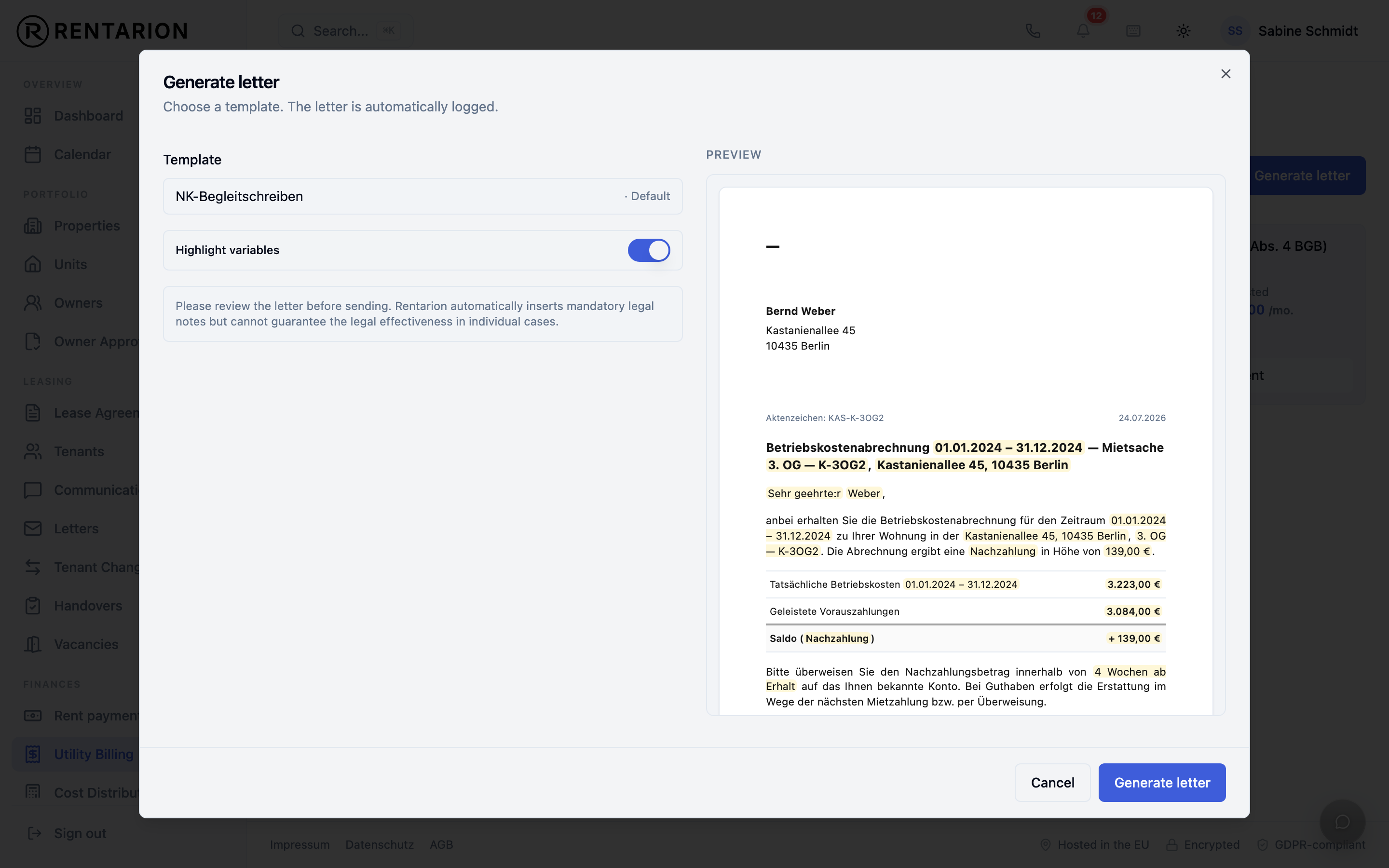 Letters module in Rentarion