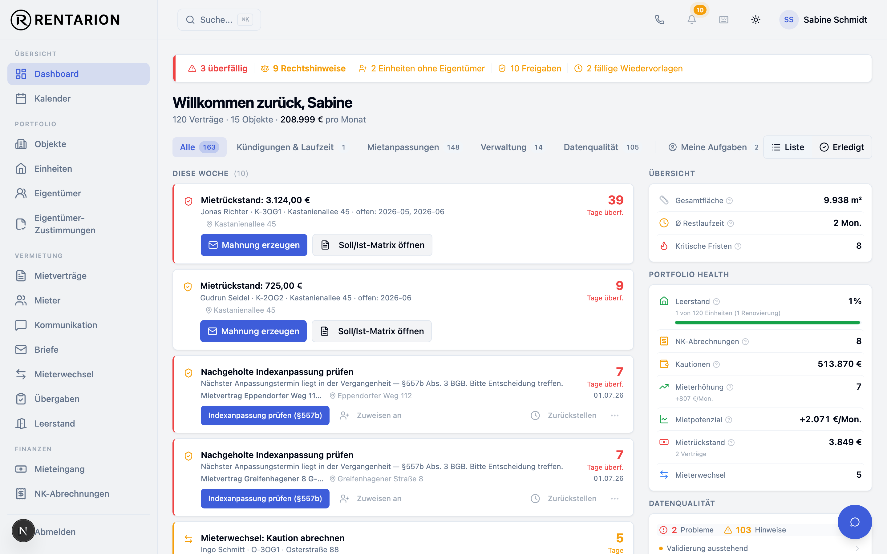 Das Rentarion Aufgaben-Cockpit: priorisierte Aufgaben, Fristen und Portfolio-Status auf einen Blick