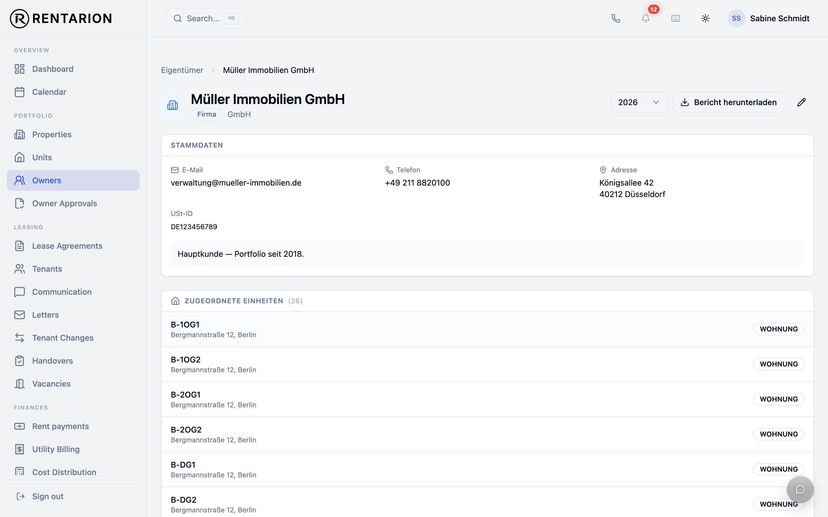 Owner and asset report in Rentarion